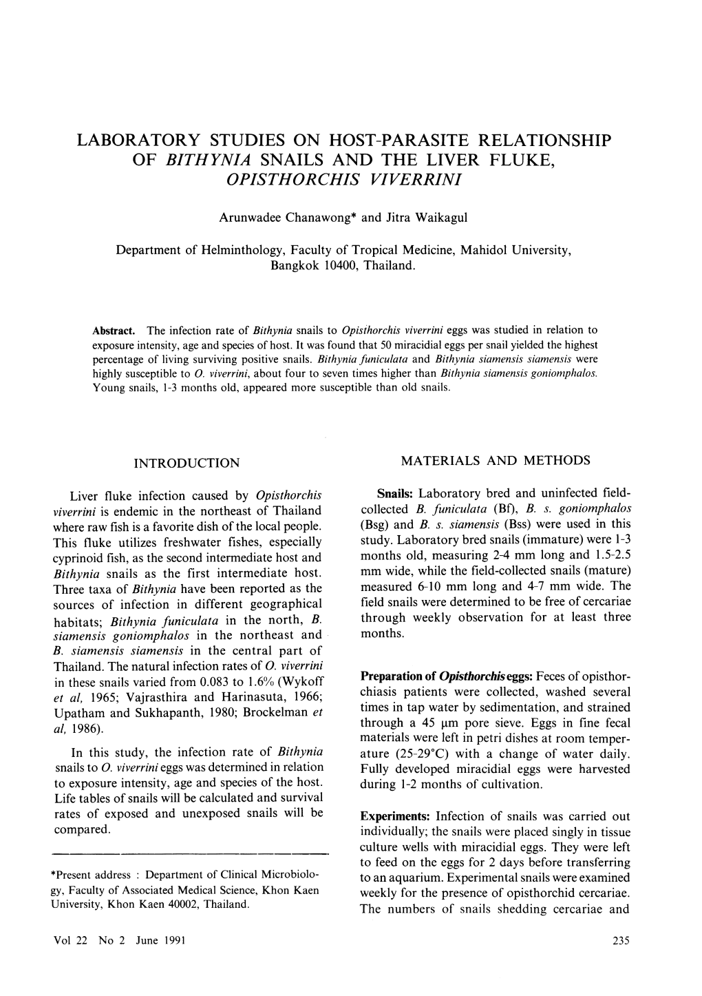 Laboratory Studies on Host-Parasite Relationship of Bithynia Snails and the Liver Fluke, Opisthorchis Viverrini