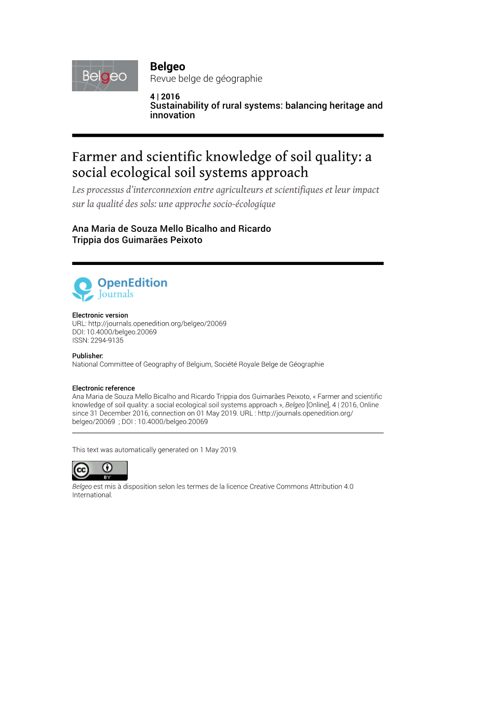 Farmer and Scientific Knowledge of Soil Quality