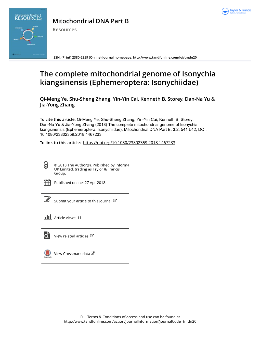 The Complete Mitochondrial Genome of Isonychia Kiangsinensis (Ephemeroptera: Isonychiidae)