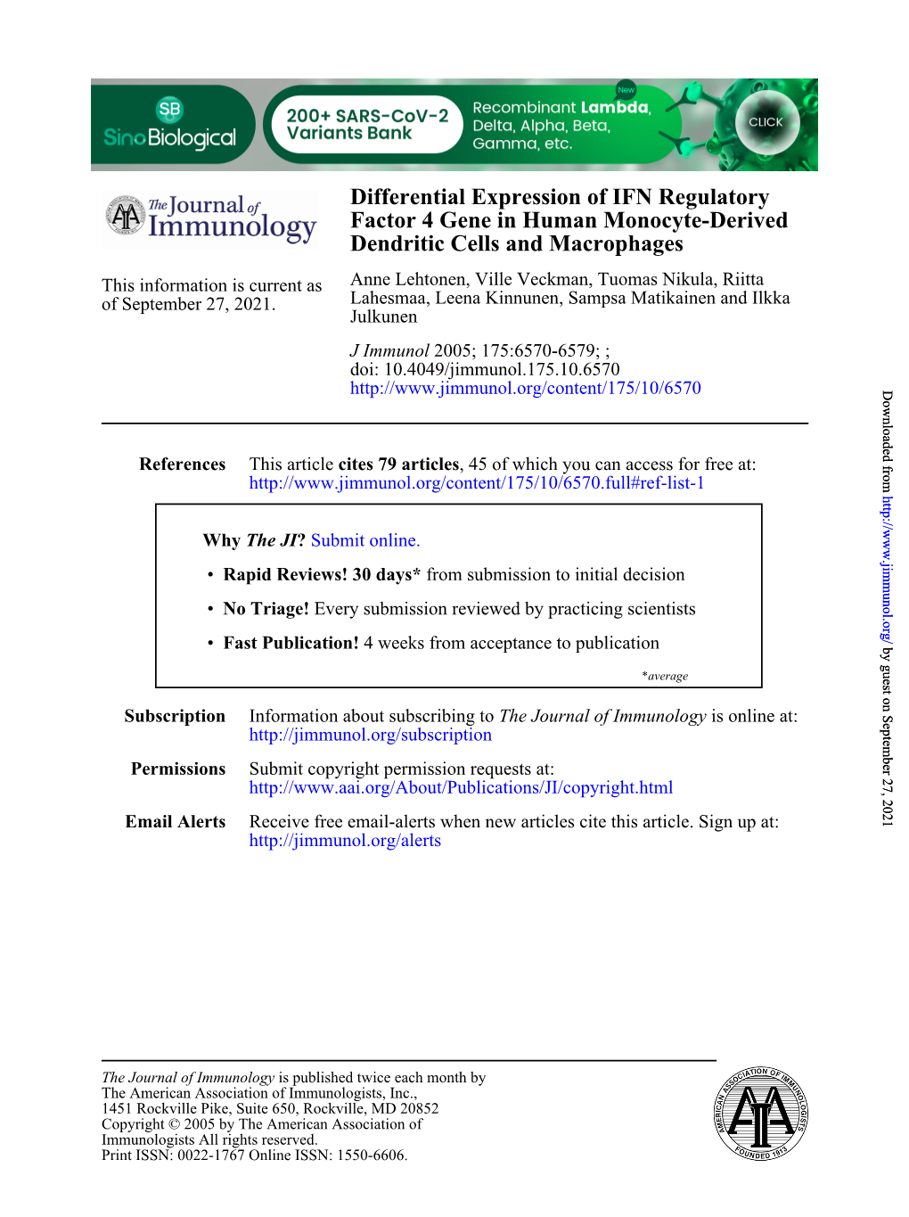 Differential Expression of IFN Regulatory Factor 4 Gene in Human Monocyte-Derived Dendritic Cells and Macrophages