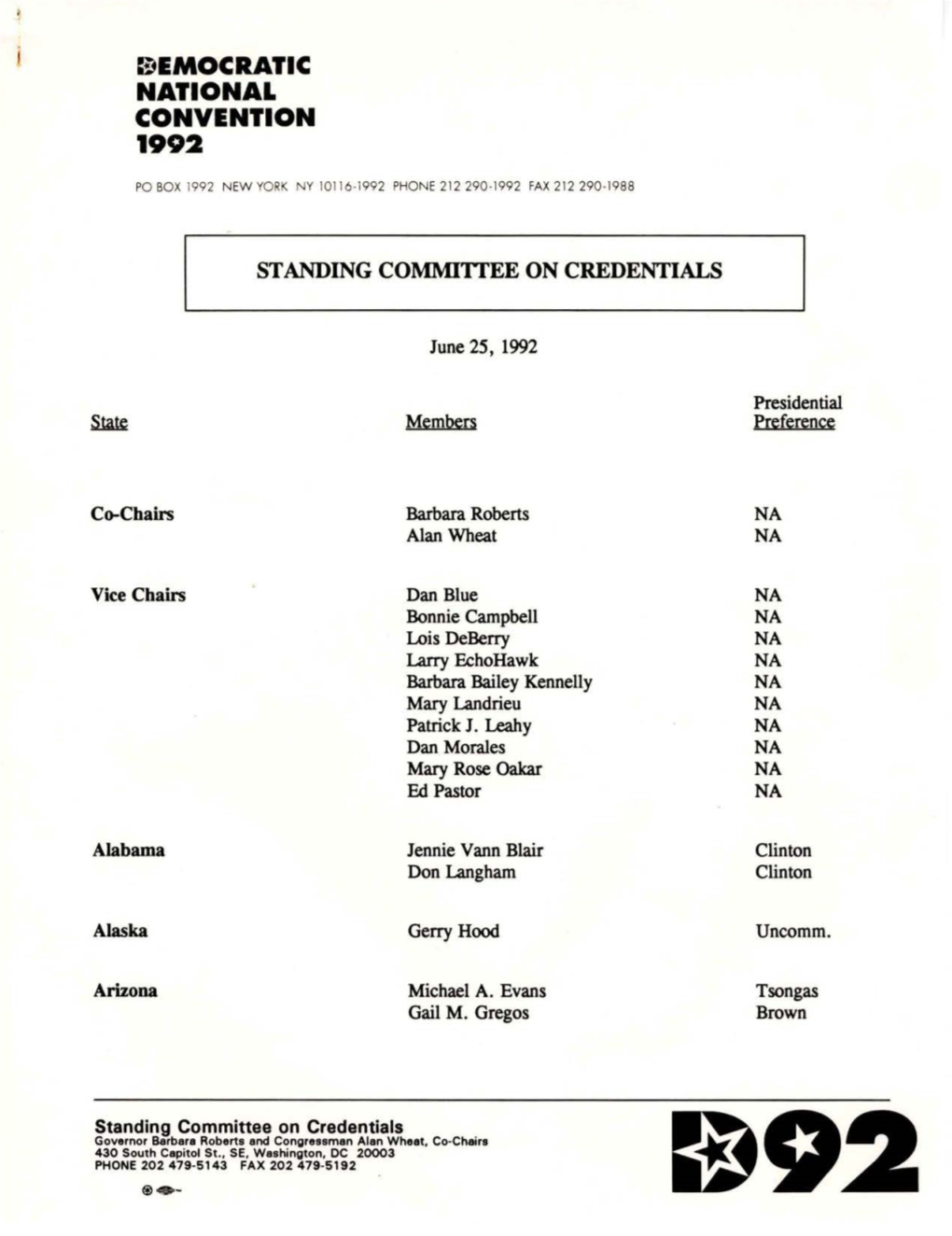 Standing Committee on Credentials June 25, 1992