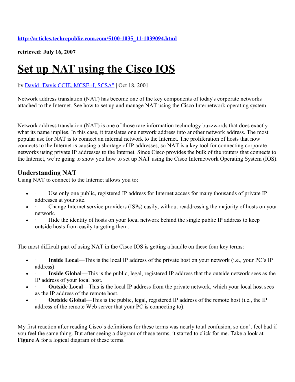 Set up NAT Using the Cisco IOS