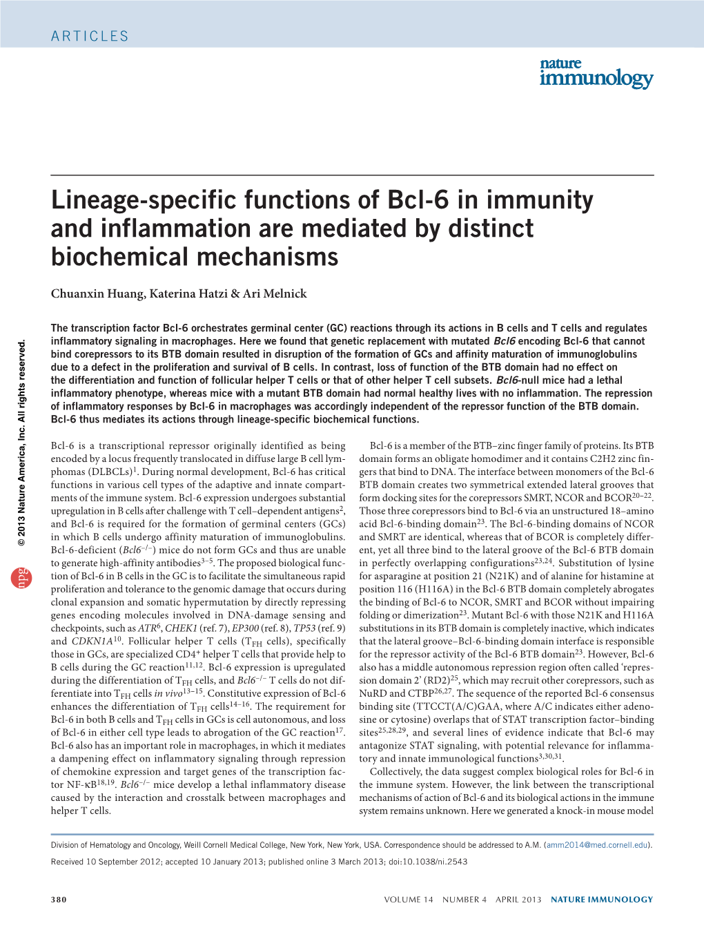 Lineage-Specific Functions of Bcl-6 in Immunity and Inflammation Are Mediated by Distinct Biochemical Mechanisms