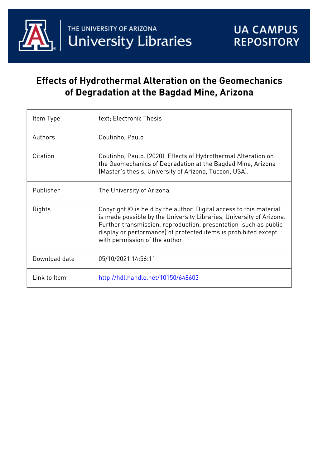Effects of Hydrothermal Alteration on the Geomechanics of Degradation at the Bagdad Mine, Arizona
