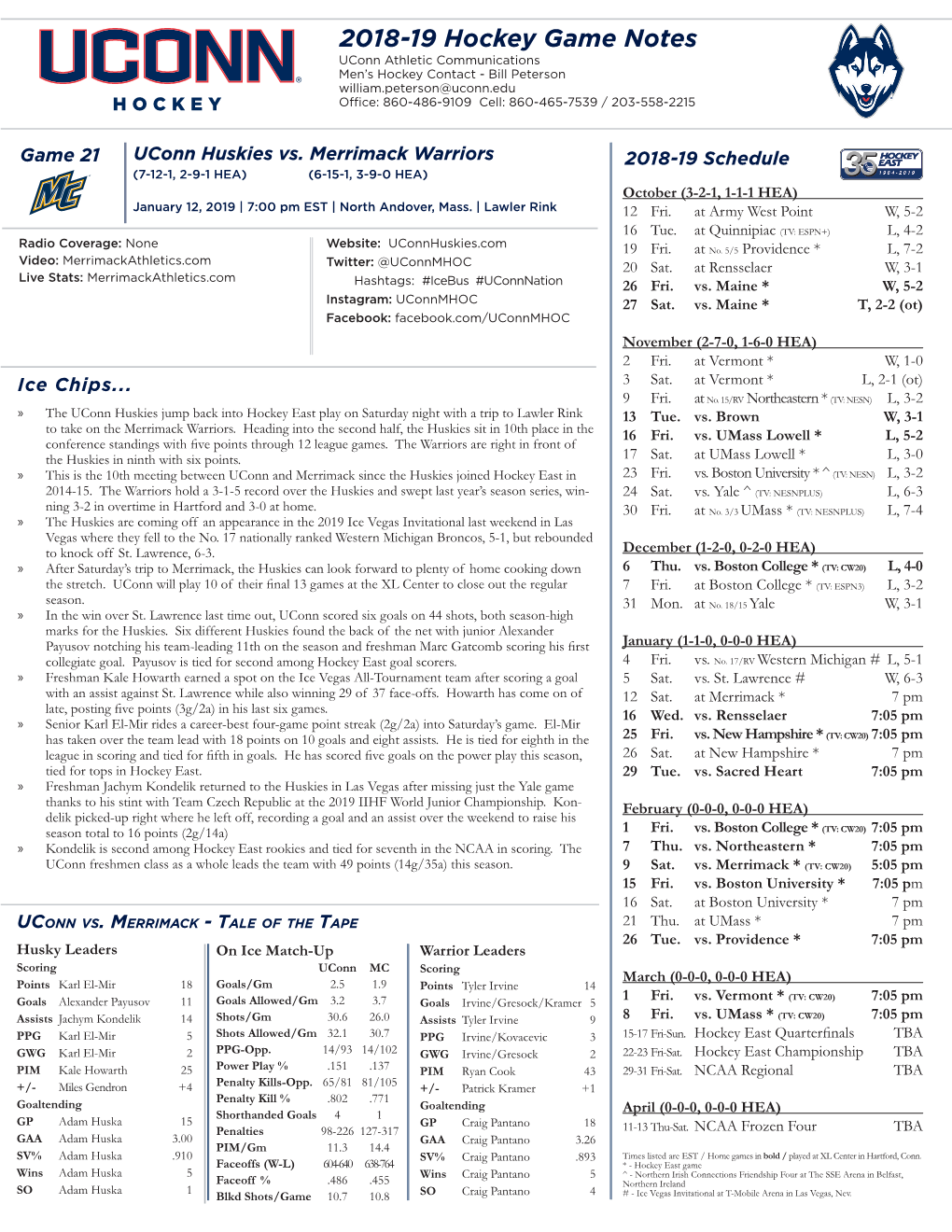 2018-19 Hockey Game Notes