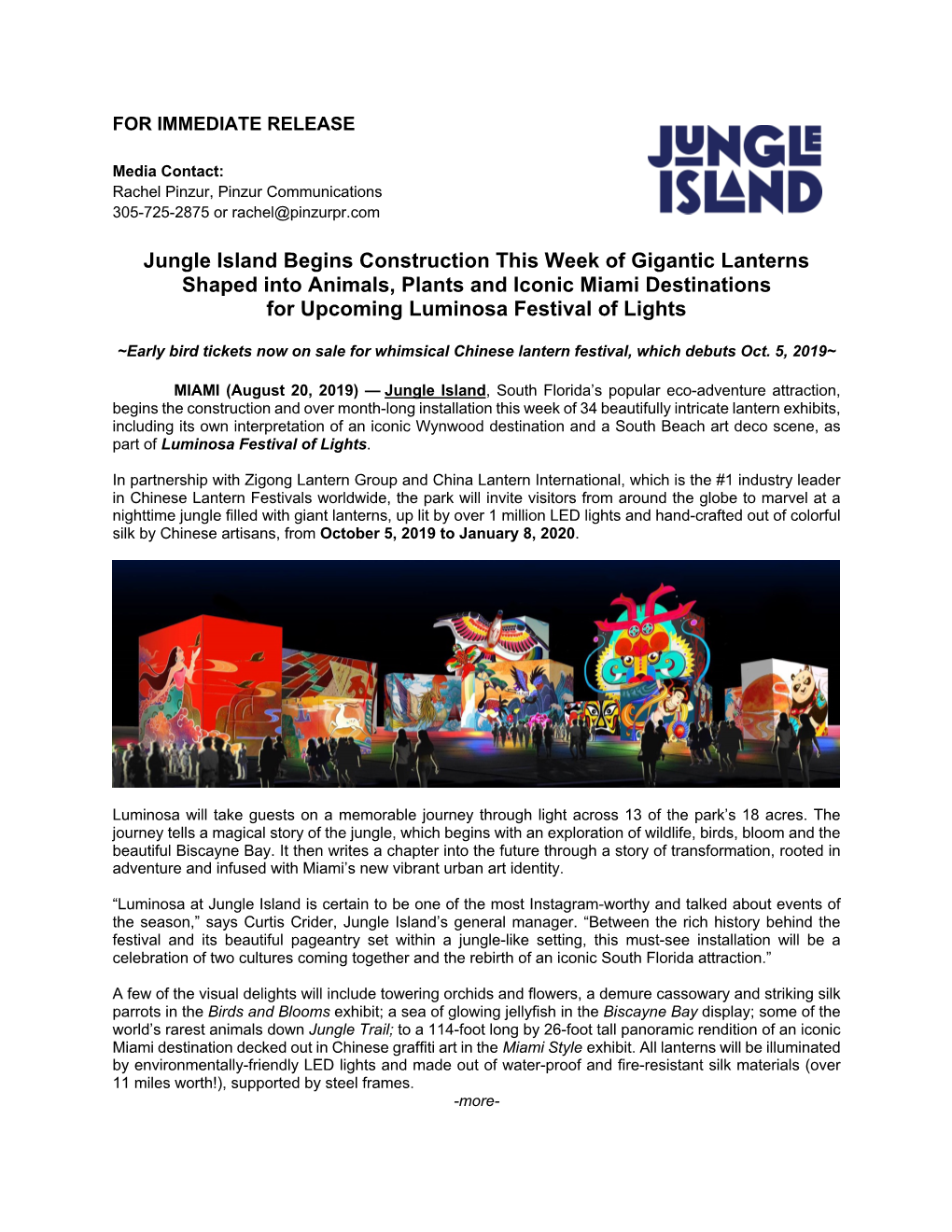 Jungle Island Begins Construction This Week of Gigantic Lanterns Shaped Into Animals, Plants and Iconic Miami Destinations for Upcoming Luminosa Festival of Lights