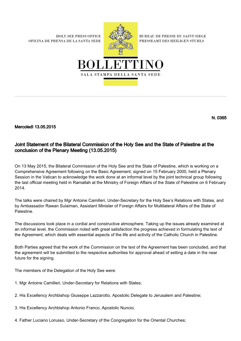 Joint Statement of the Bilateral Commission of the Holy See and the State of Palestine at the Conclusion of the Plenary Meeting (13.05.2015)