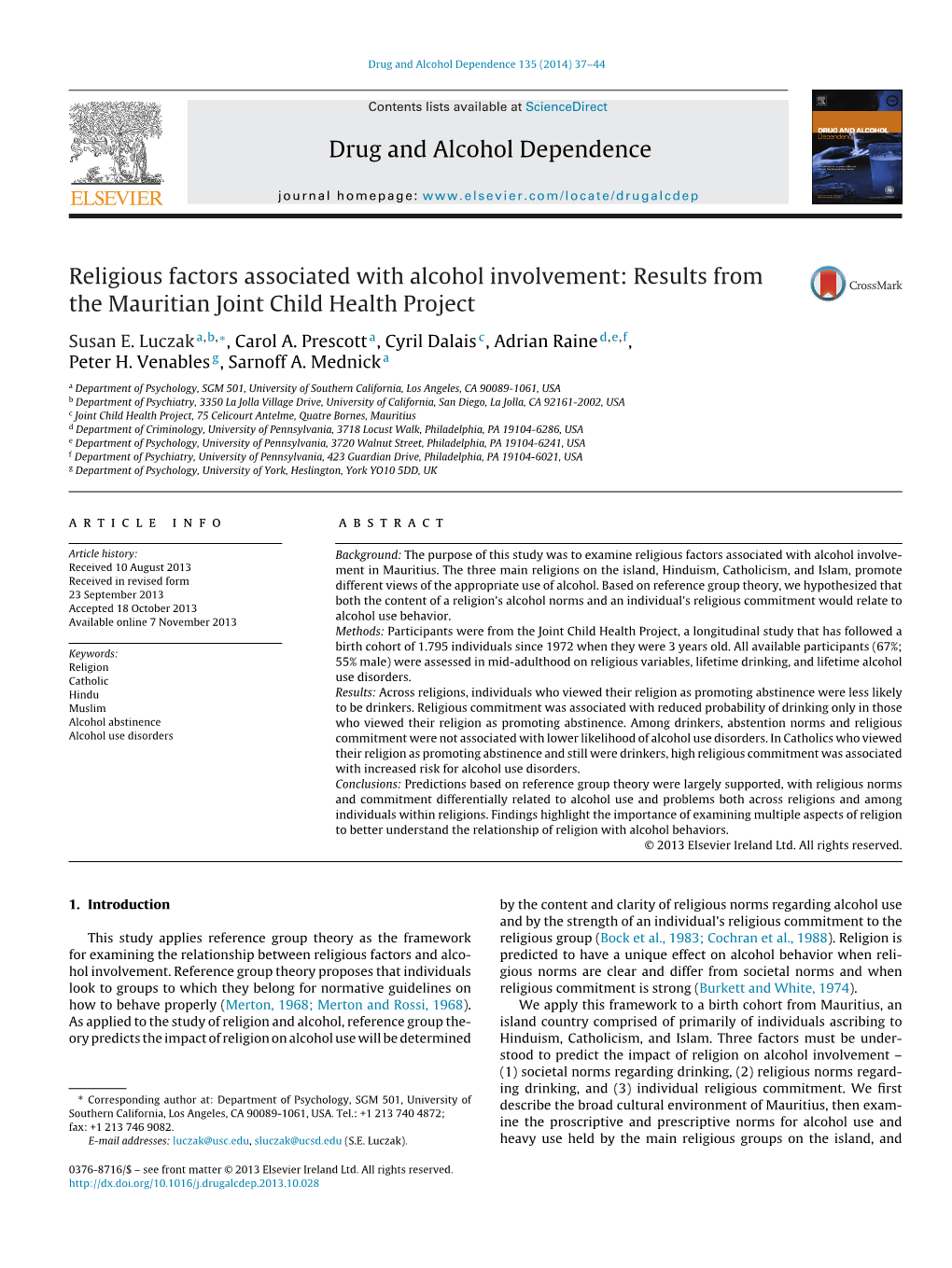 Religious Factors Associated with Alcohol Involvement: Results From