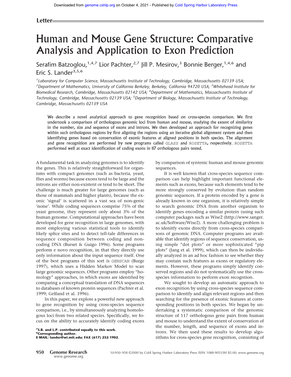 Human and Mouse Gene Structure: Comparative Analysis and Application to Exon Prediction