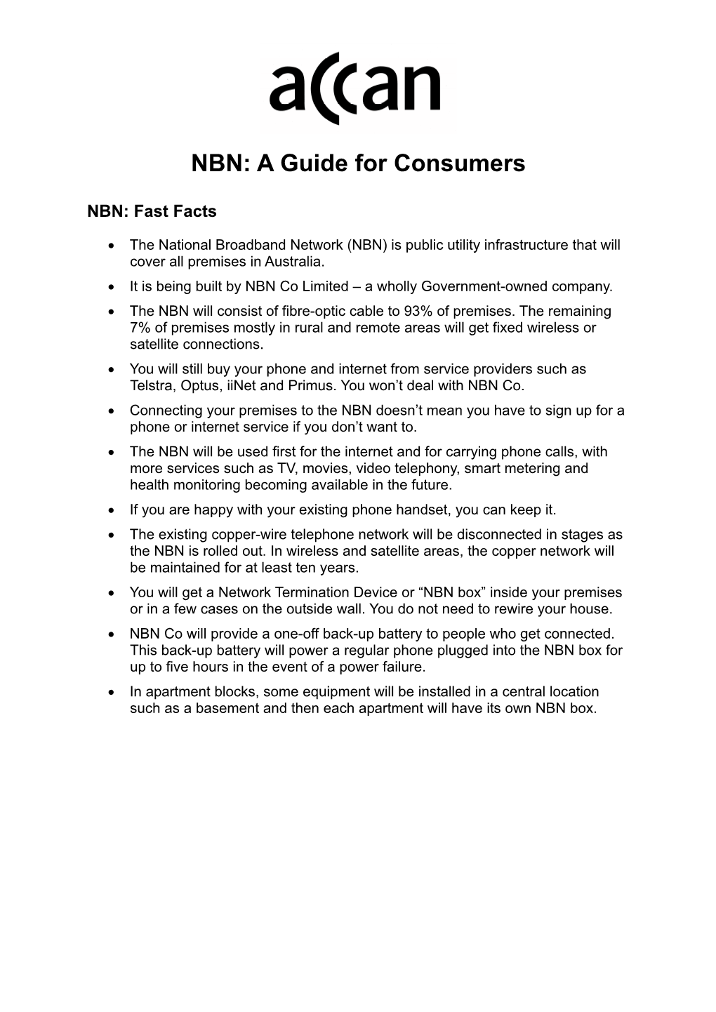 NBN: a Guide for Consumers