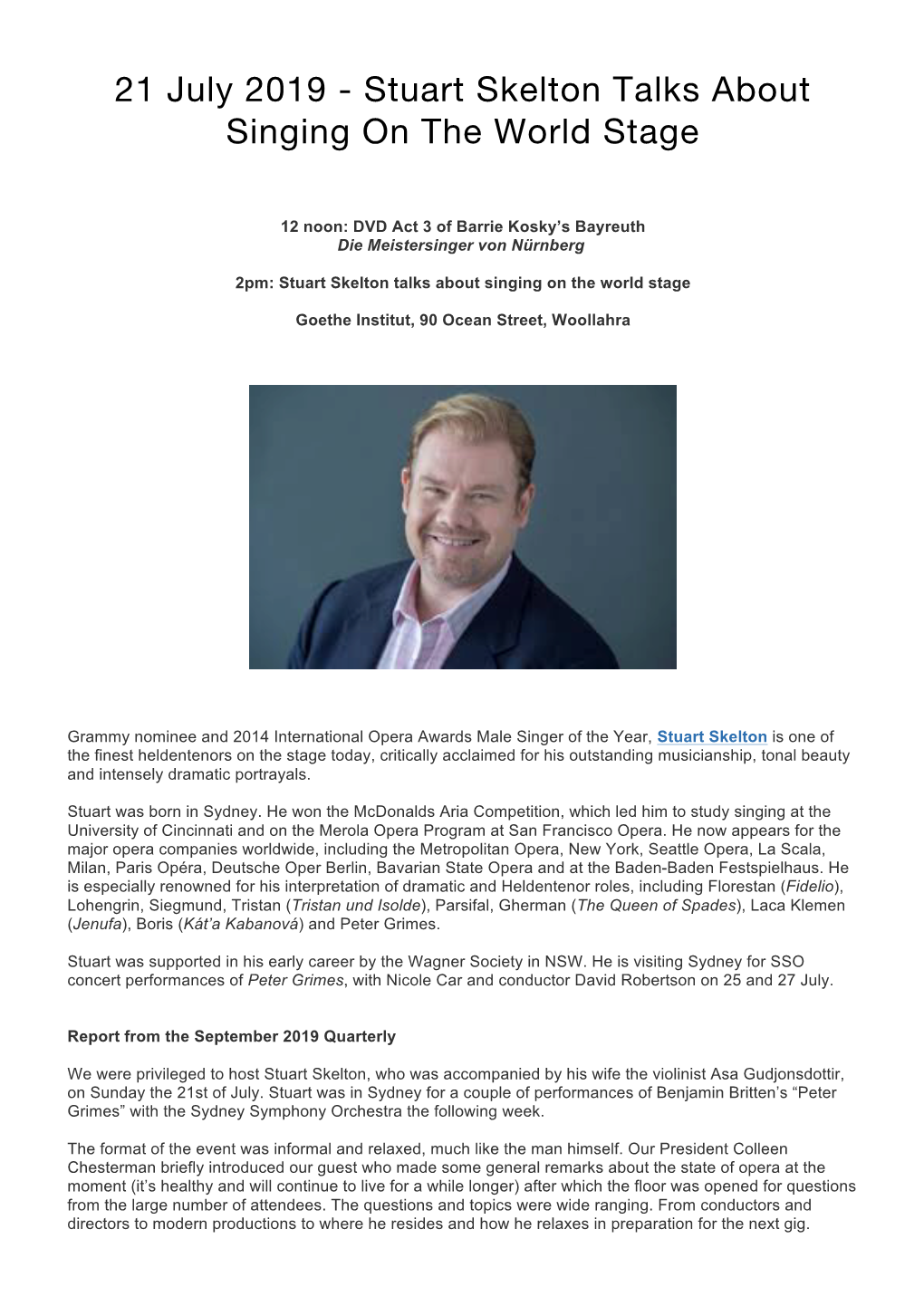 21 July 2019 R Stuart Skelton Talks About Singing on the World Stage