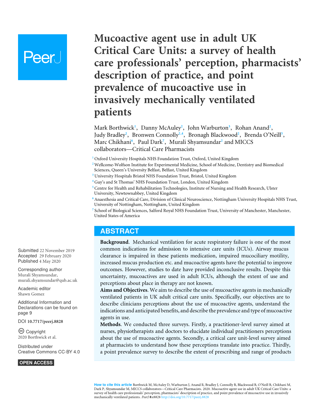 Mucoactive Agent Use in Adult UK Critical Care Units