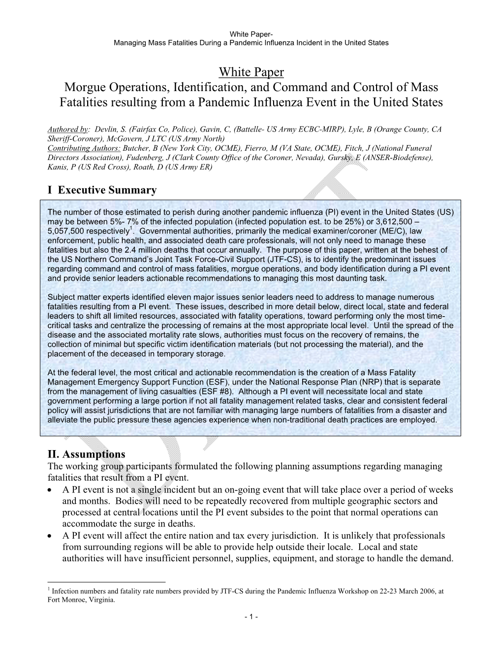 White Paper Morgue Operations, Identification, and Command and Control of Mass Fatalities Resulting from a Pandemic Influenza Event in the United States