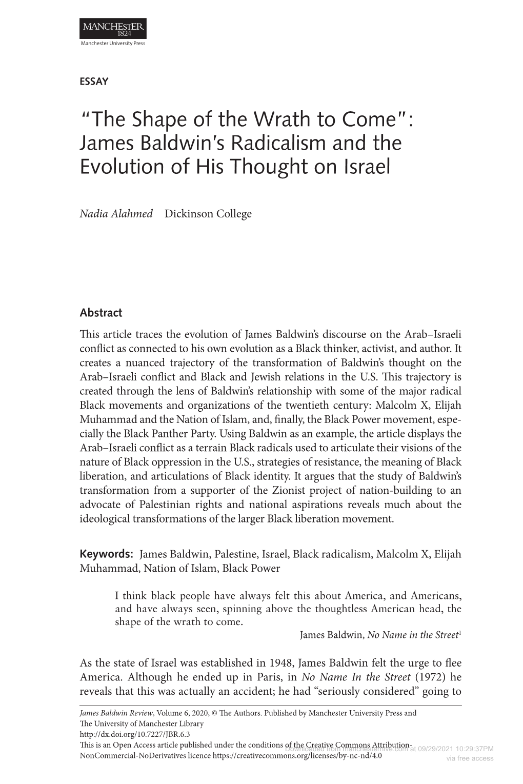 James Baldwin's Radicalism and the Evolution of His Thought on Israel