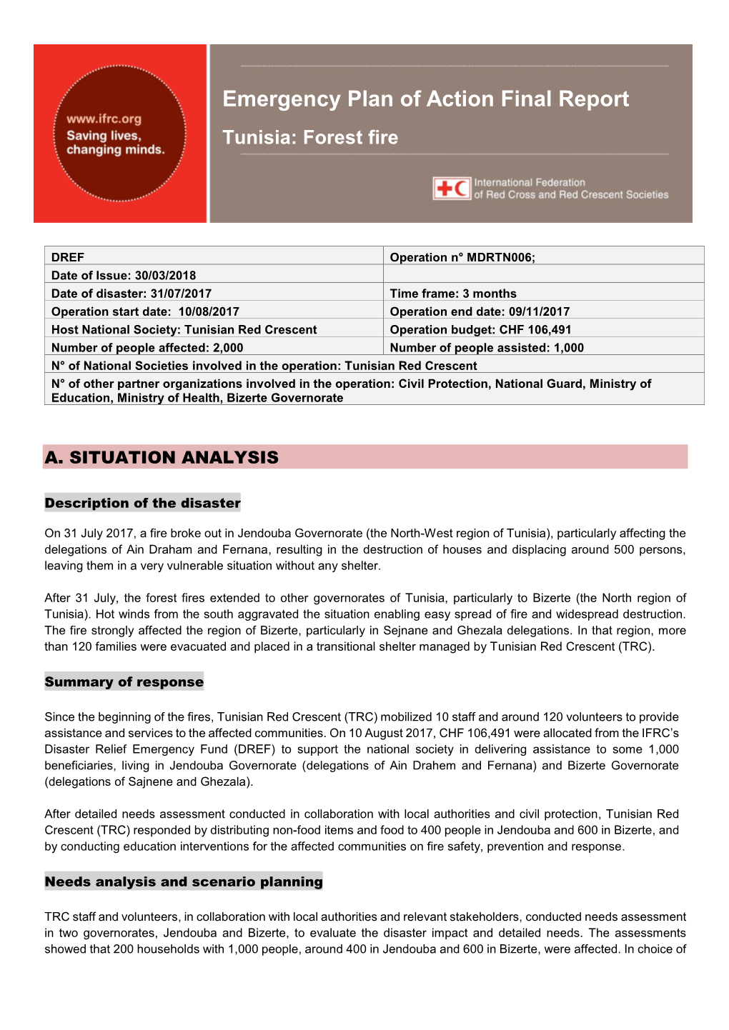 Emergency Plan of Action Final Report Tunisia: Forest Fire