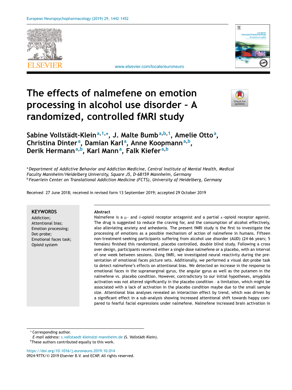 The Effects of Nalmefene on Emotion Processing in Alcohol Use Disorder –A Randomized, Controlled Fmri Study