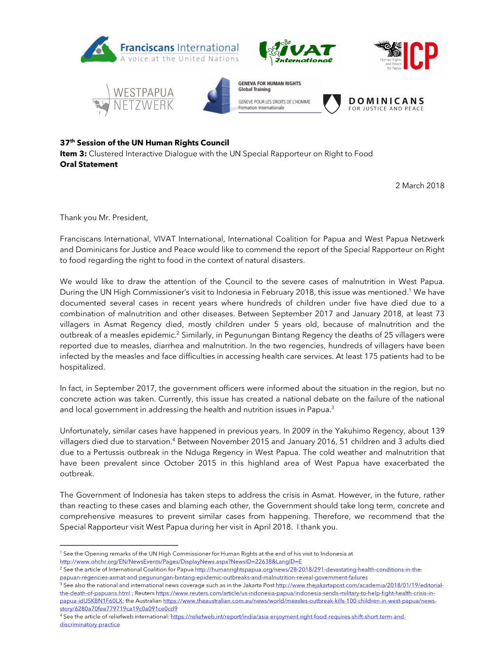 37Th Session of the UN Human Rights Council Item 3: Clustered Interactive Dialogue with the UN Special Rapporteur on Right to Food Oral Statement