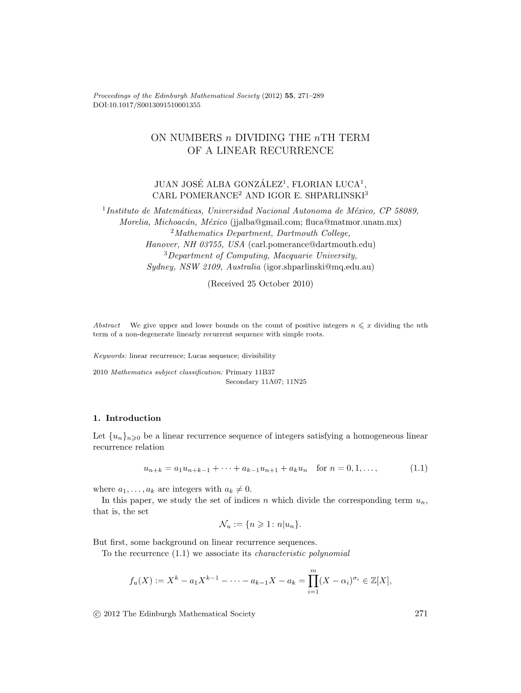 ON NUMBERS N DIVIDING the Nth TERM of a LINEAR RECURRENCE