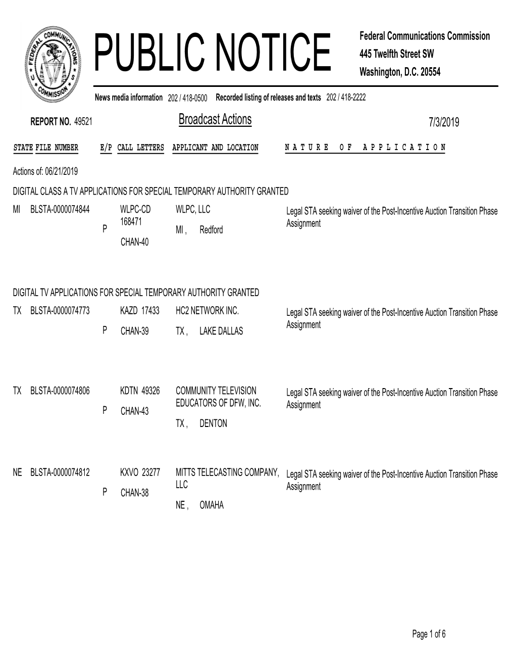 Broadcast Actions 7/3/2019