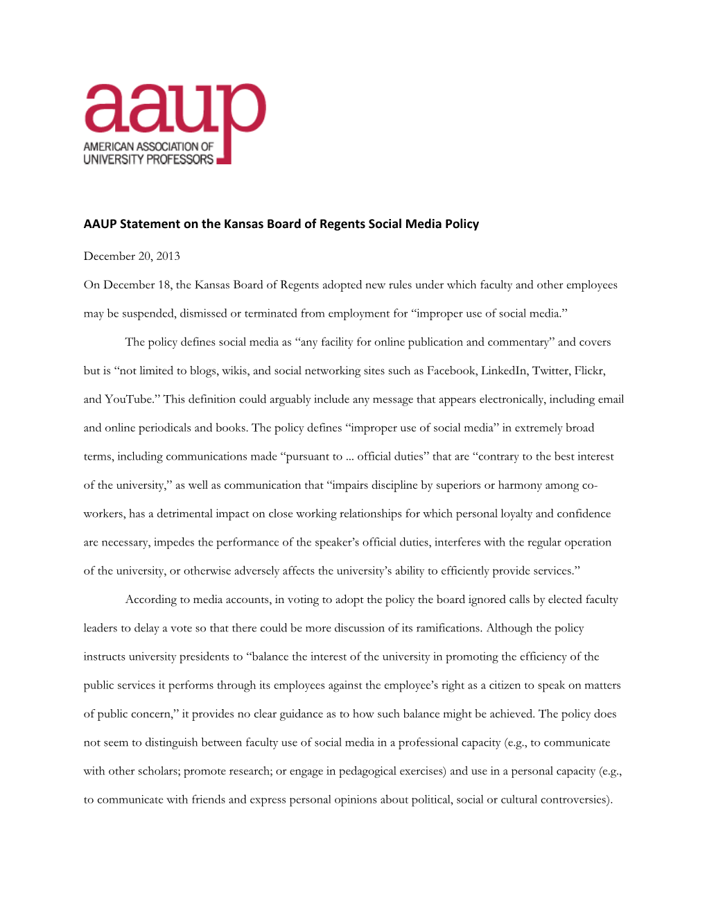 AAUP Statement on the Kansas Board of Regents Social Media Policy