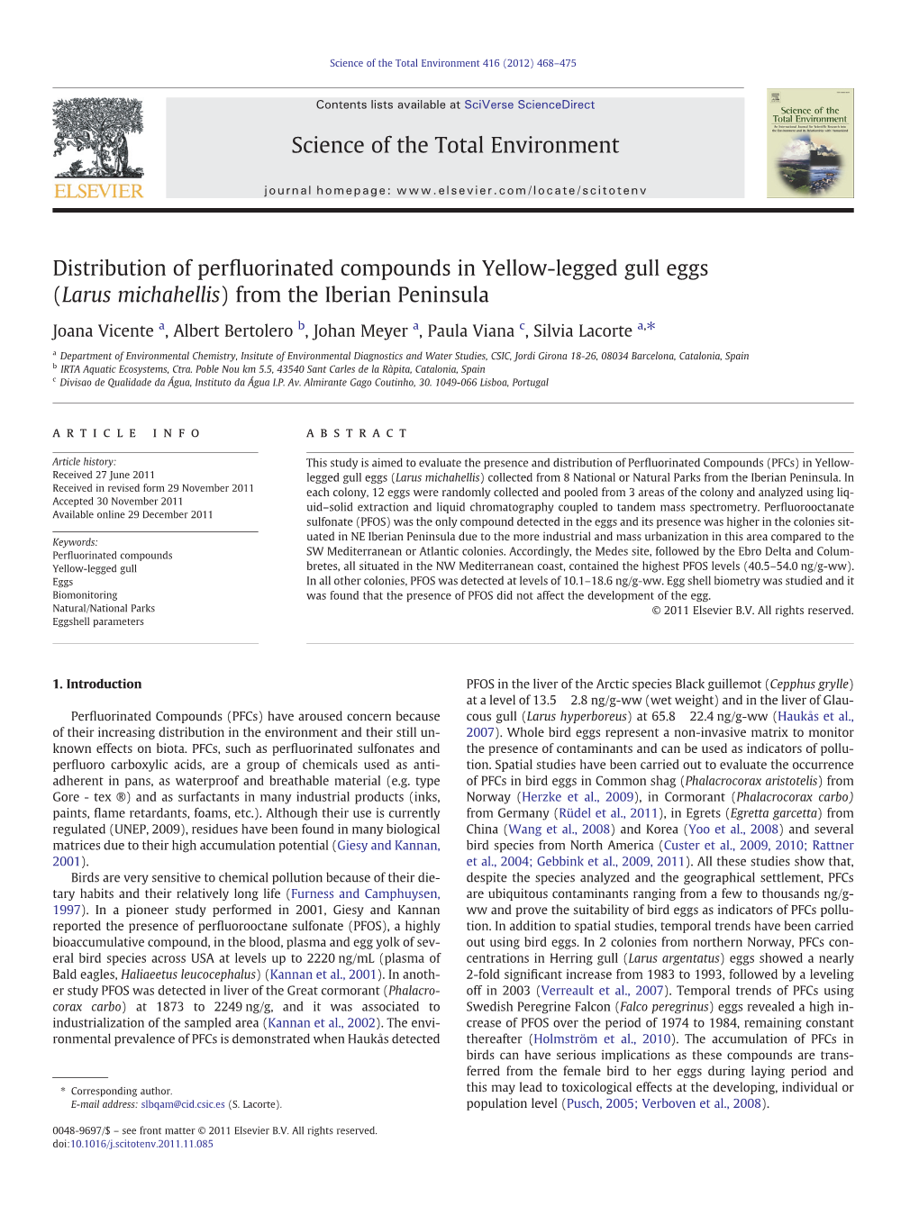 Distribution of Perfluorinated Compounds in Yellow-Legged Gull Eggs