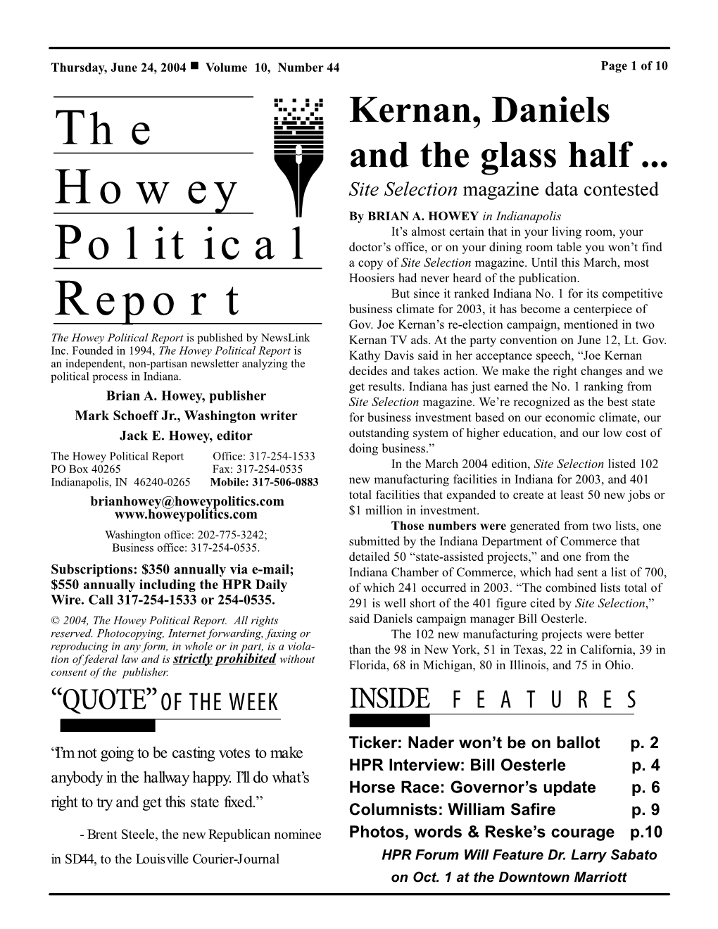 The Howey Political Report Is Published by Newslink Kernan TV Ads