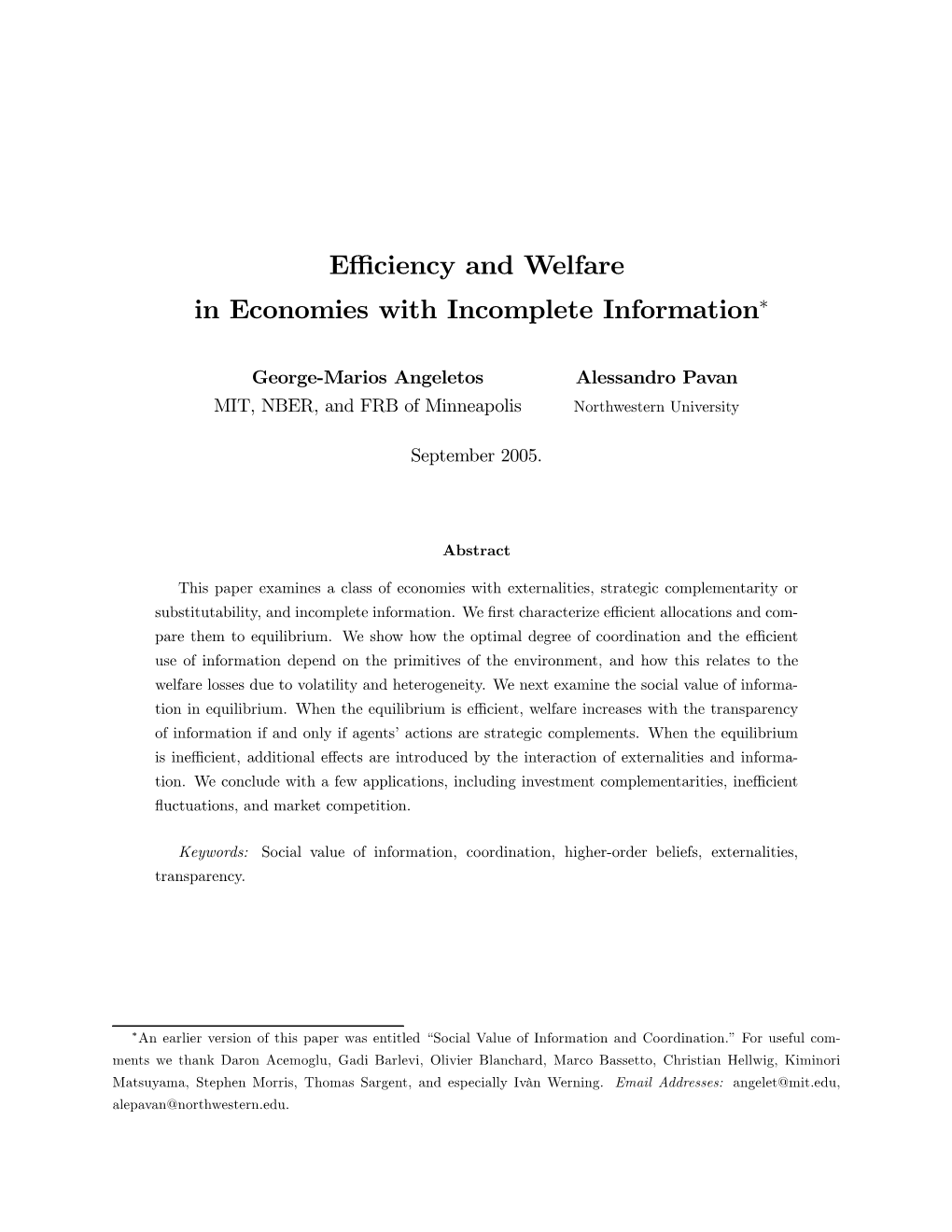 Efficiency and Welfare in Economies with Incomplete Information∗