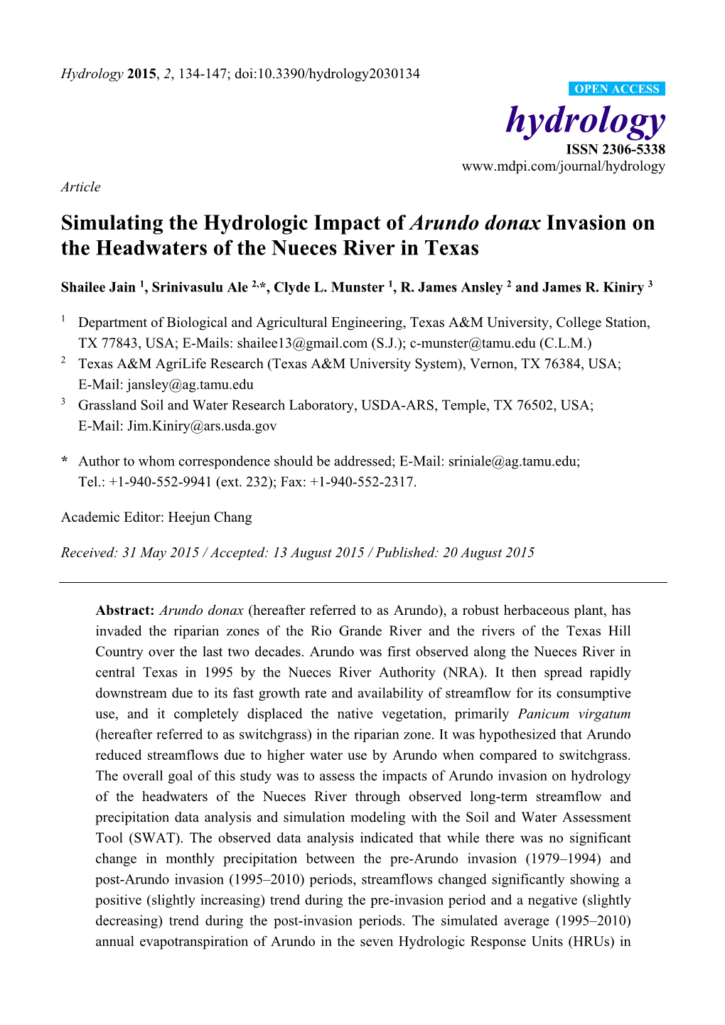 Simulating the Hydrologic Impact of Arundo Donax Invasion on the Headwaters of the Nueces River in Texas