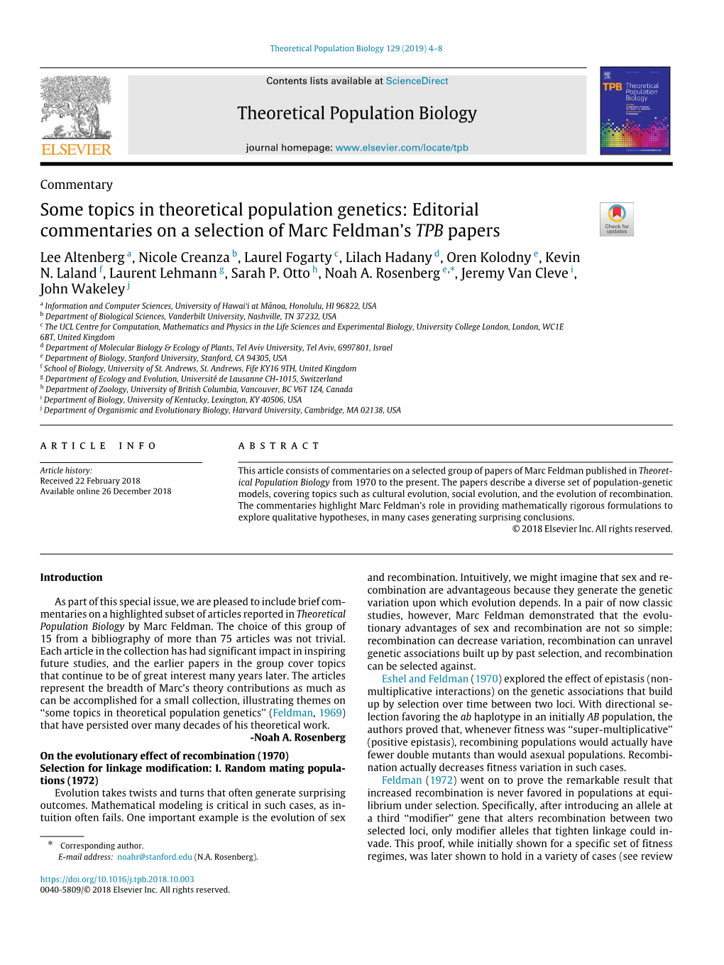 Editorial Commentaries on a Selection of Marc Feldman’S TPB Papers Lee Altenberg A, Nicole Creanza B, Laurel Fogarty C, Lilach Hadany D, Oren Kolodny E, Kevin ∗ N