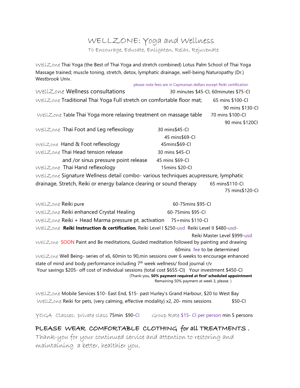 WELLZONE Treatments Fee Schedule