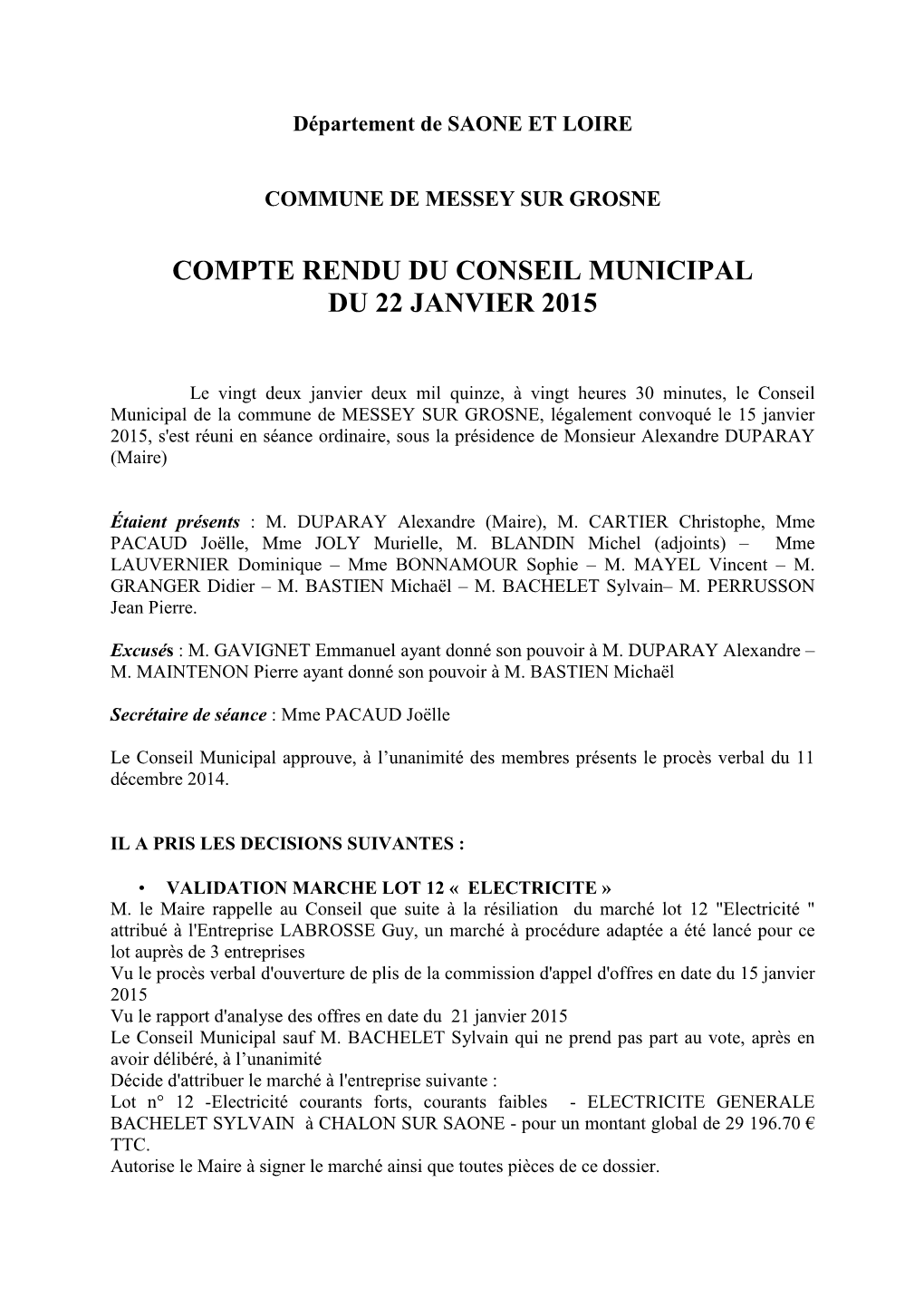 Compte Rendu Conseil Municipal Du 22 Janvier 2015