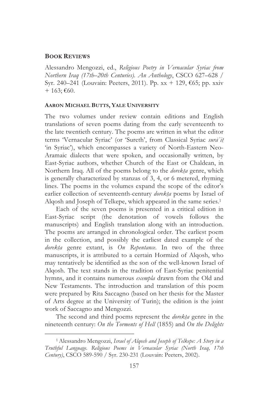 157 Alessandro Mengozzi, Ed., Religious Poetry in Vernacular Syriac from Northern Iraq (17Th–20Th Centuries). an Anthology, CS