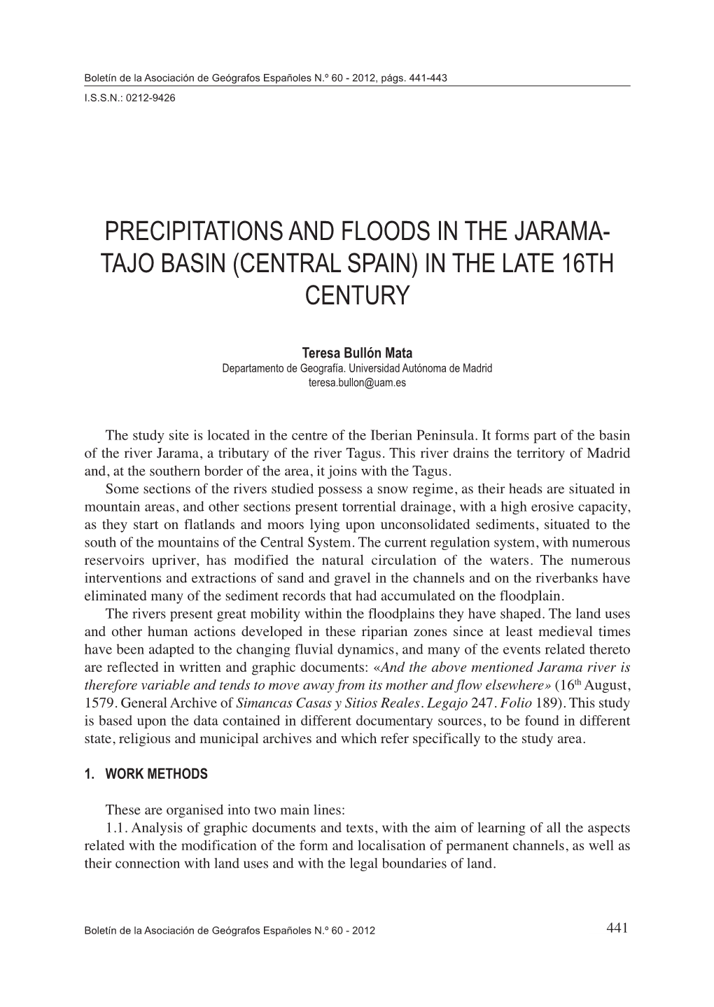 Precipitations and Floods in the Jarama- Tajo Basin (Central Spain) in the Late 16Th Century