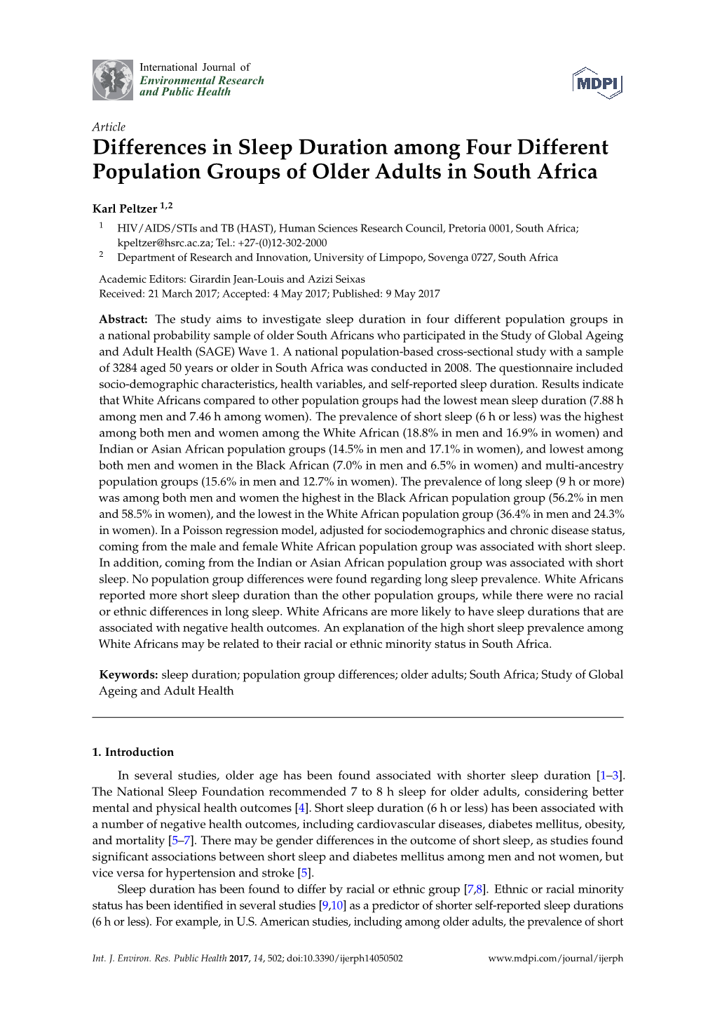 Differences in Sleep Duration Among Four Different Population Groups of Older Adults in South Africa