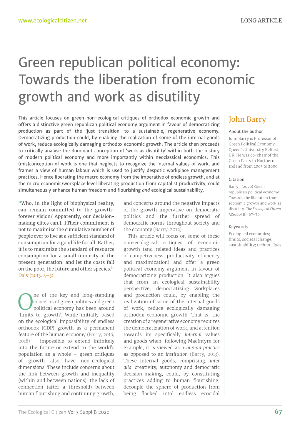 Green Republican Political Economy: Towards the Liberation from Economic Growth and Work As Disutility