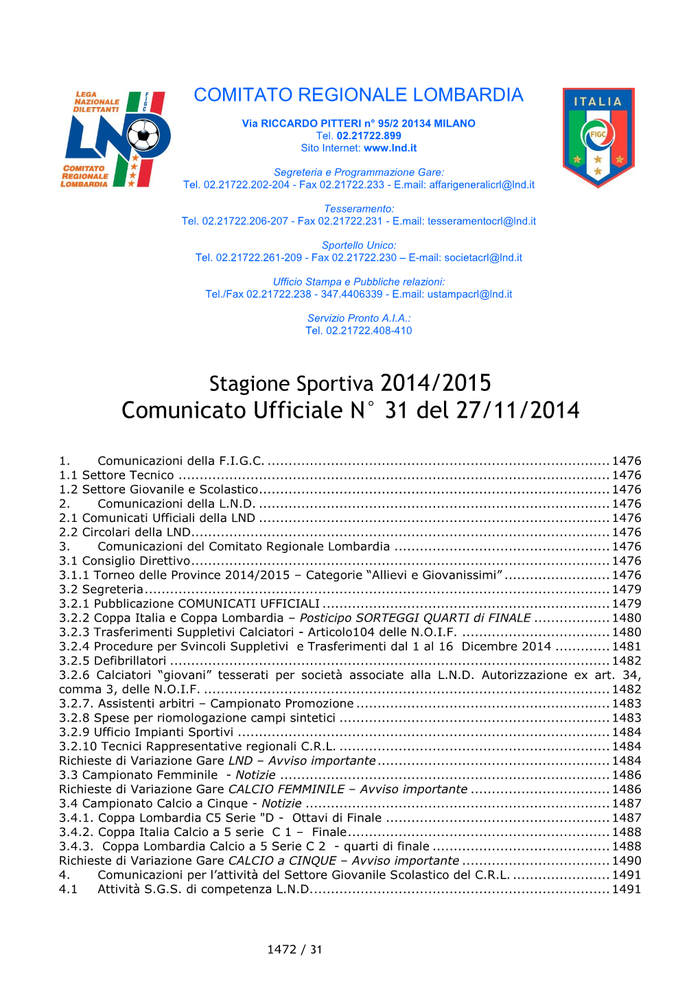 Comunicato Ufficiale N° 31 Del 27/11/2014