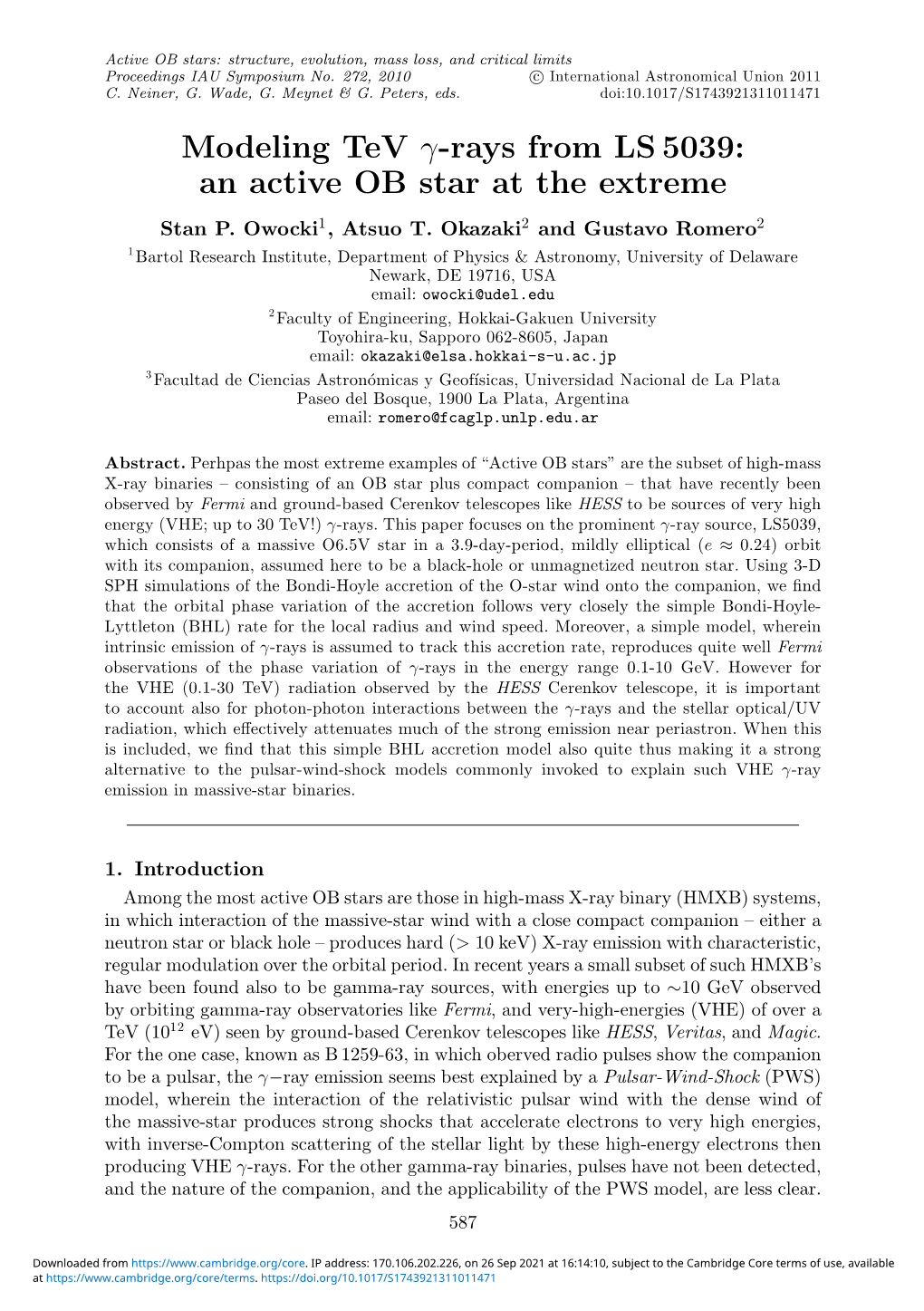 Modeling Tev Γ-Rays from LS 5039: an Active OB Star at the Extreme Stan P