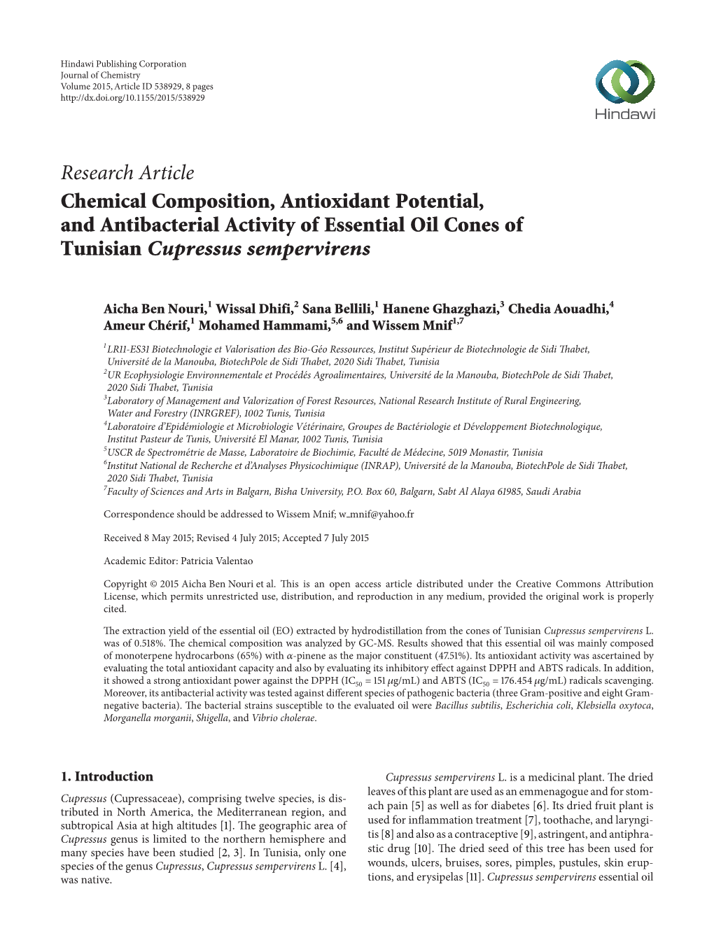 Research Article Chemical Composition, Antioxidant Potential, and Antibacterial Activity of Essential Oil Cones of Tunisian Cupressus Sempervirens