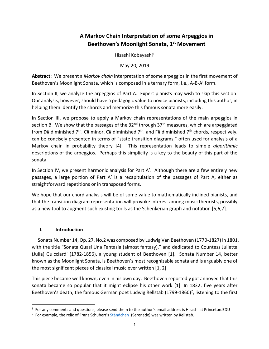 A Markov Chain Interpretation of Some Arpeggios in Beethoven's Moonlight Sonata, 1St Movement