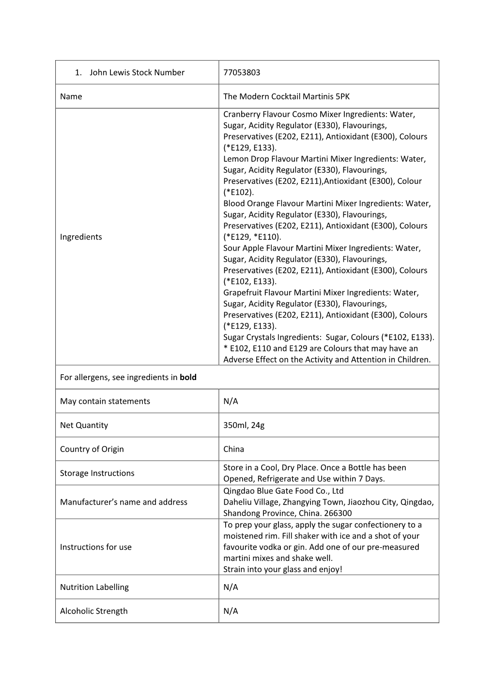 1. John Lewis Stock Number 77053803 Name the Modern Cocktail Martinis 5PK Ingredients Cranberry Flavour Cosmo Mixer Ingredients