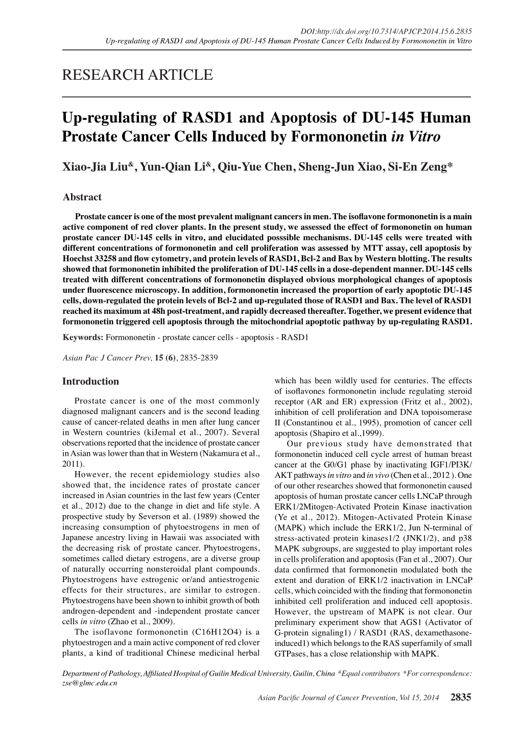 Up-Regulating of RASD1 and Apoptosis of DU-145 Human Prostate Cancer Cells Induced by Formononetin in Vitro