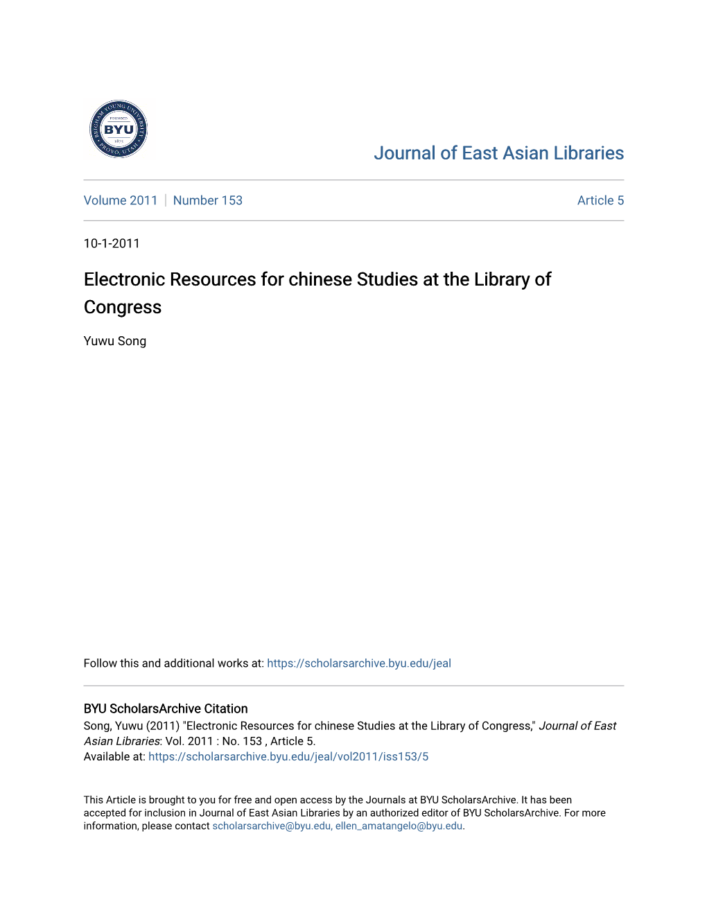 Electronic Resources for Chinese Studies at the Library of Congress