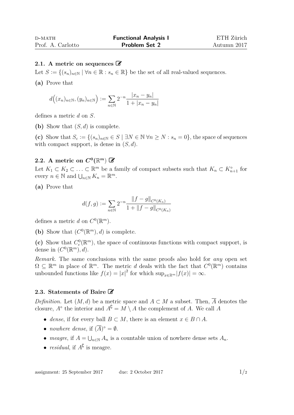 Problem Set 2 Autumn 2017