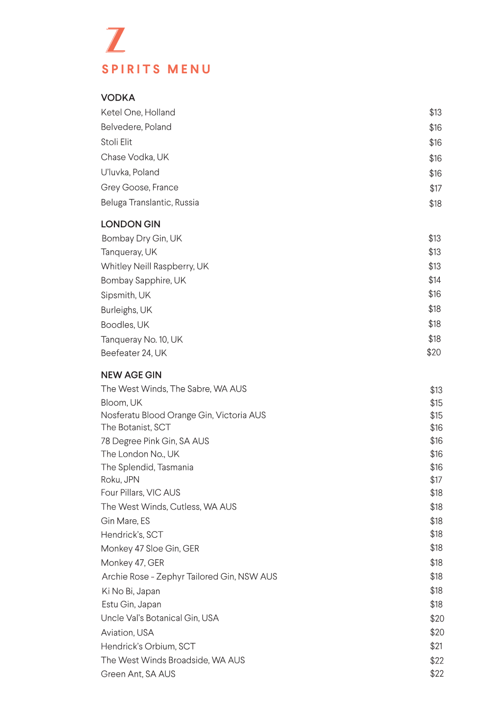 Zephyr Spirits Menu – Hyatt Regency Sydney