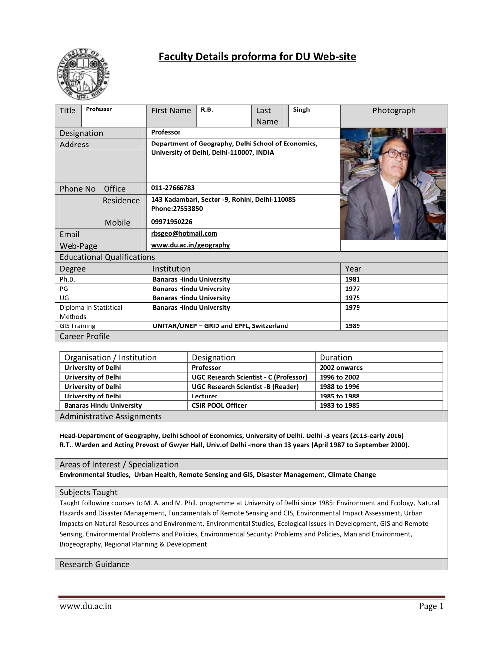 Faculty Details Proforma for DU Web-Site