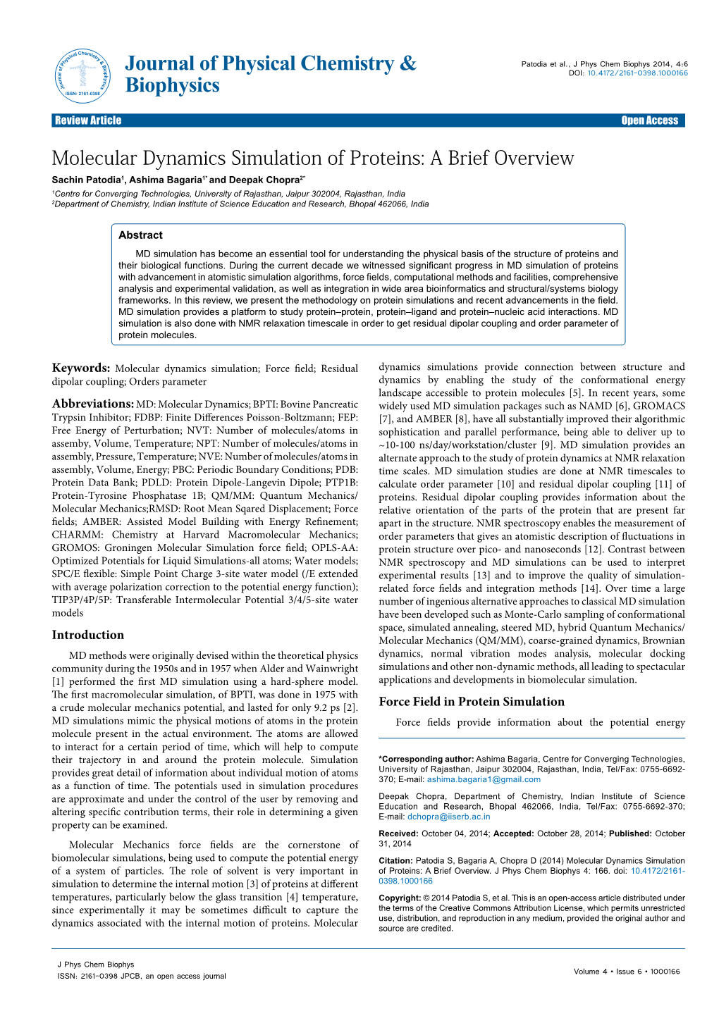 Molecular Dynamics Simulation of Proteins: a Brief Overview