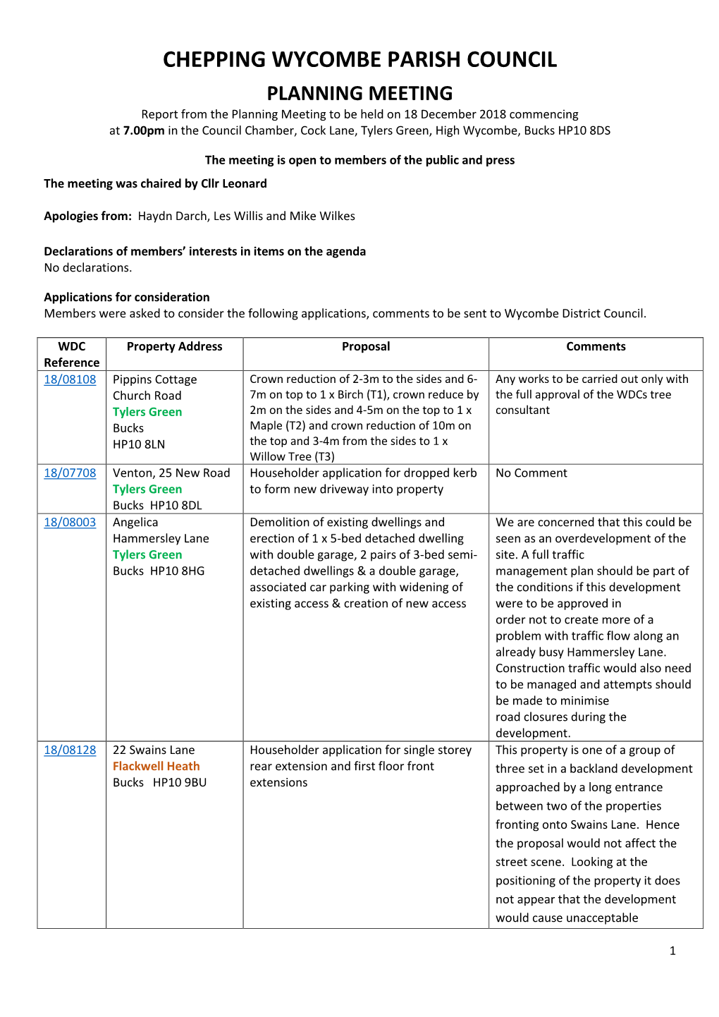 Chepping Wycombe Parish Council Planning Meeting