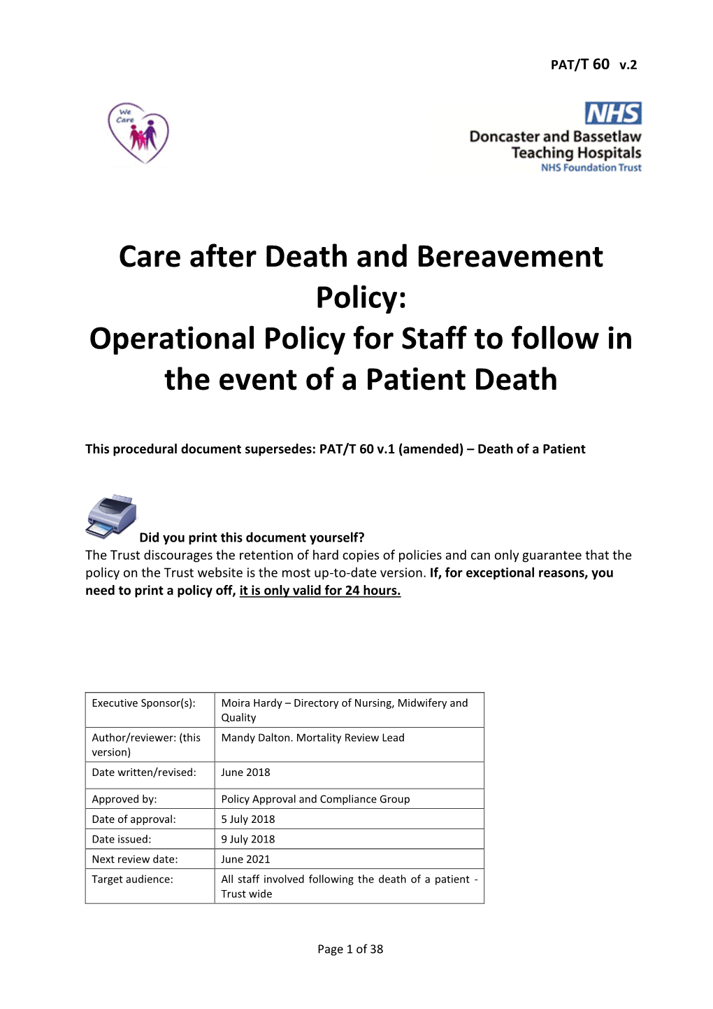 Care After Death and Bereavement Policy: Operational Policy for Staff to Follow in the Event of a Patient Death