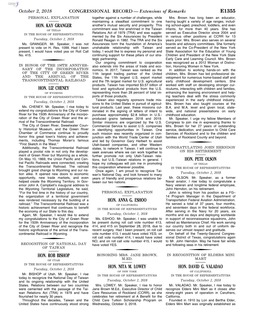 CONGRESSIONAL RECORD— Extensions of Remarks E1355 HON. KAY GRANGER HON. LIZ CHENEY HON. ROB BISHOP HON. ANNA G. ESHOO HON