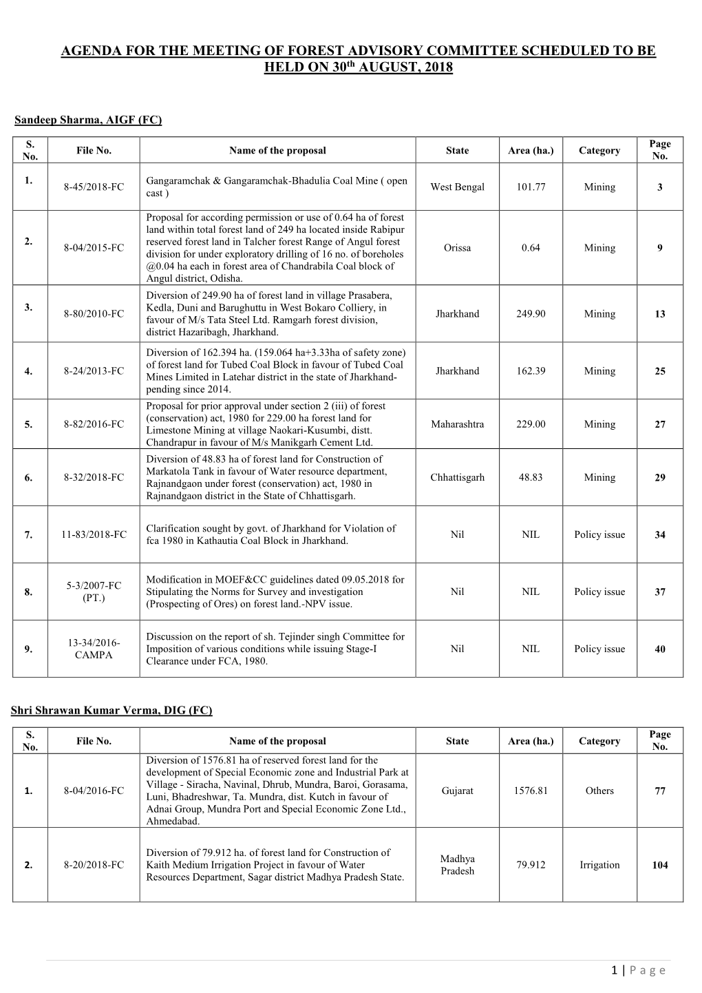 AGENDA for the MEETING of FOREST ADVISORY COMMITTEE SCHEDULED to BE HELD on 30Th AUGUST, 2018